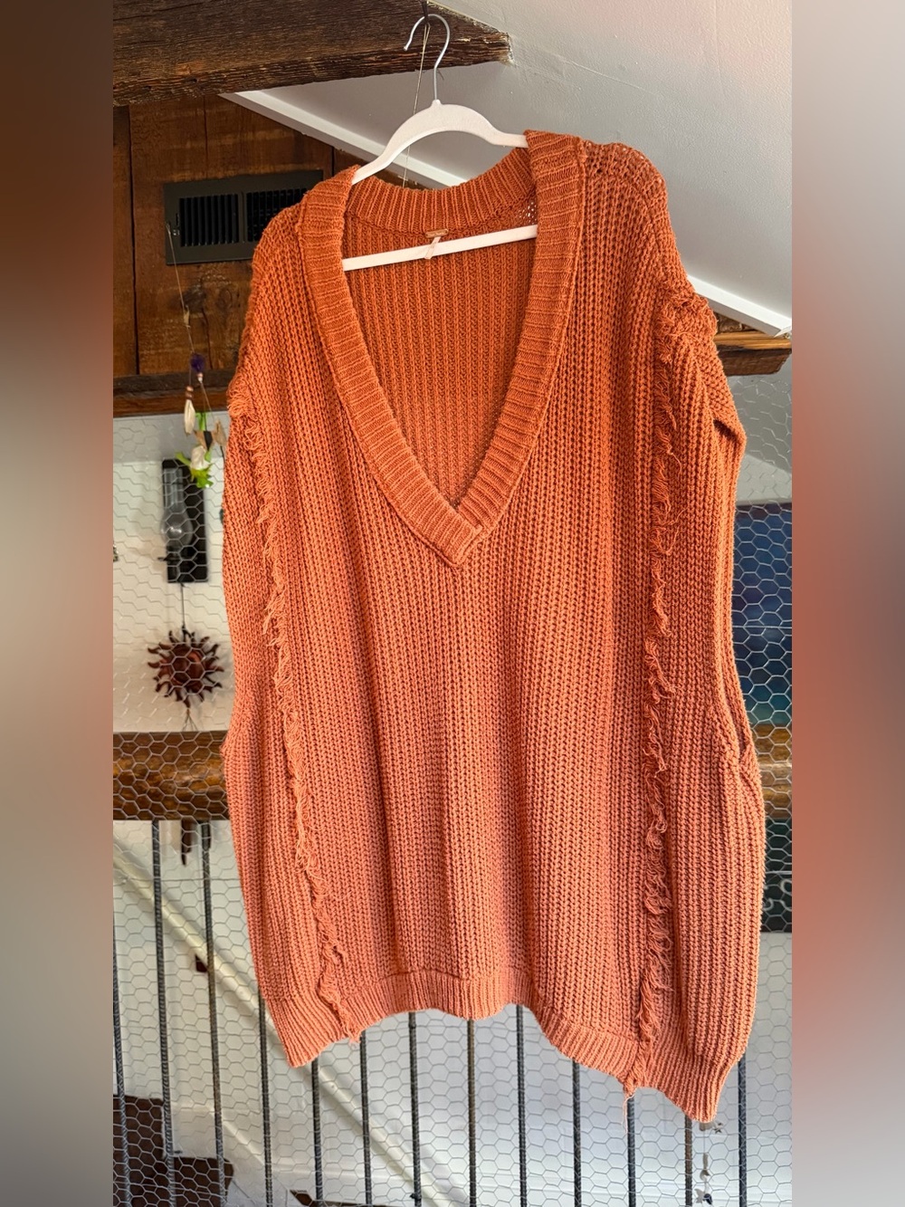 Free People Rust Orange Cozy V-Neck Fringe-Trim Knit Sweater Poncho Vest